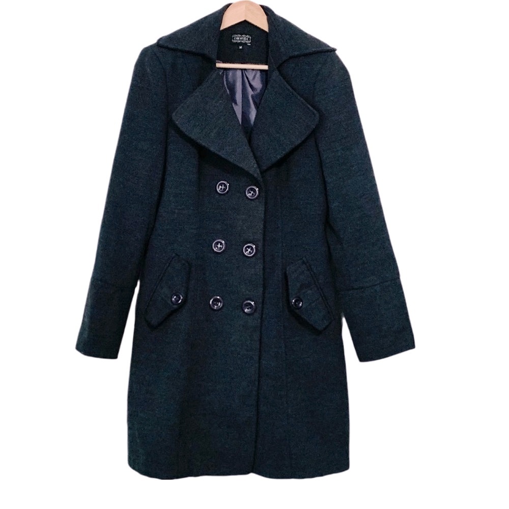 Pea Coat Dark Gray Double-Breasted Pea Coat by Countess Size Medium Fleece